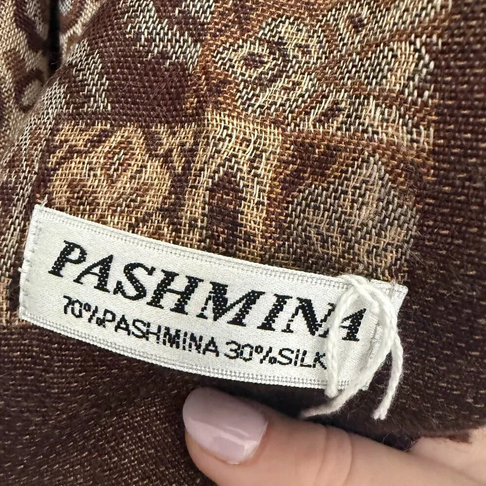 Pashmina Silk Blend Paisley Fringe  Wrap Scarf Vintage Boho Tan Brown